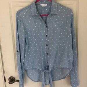 NWOT Chambray Polka Dot Tie Front Shirt